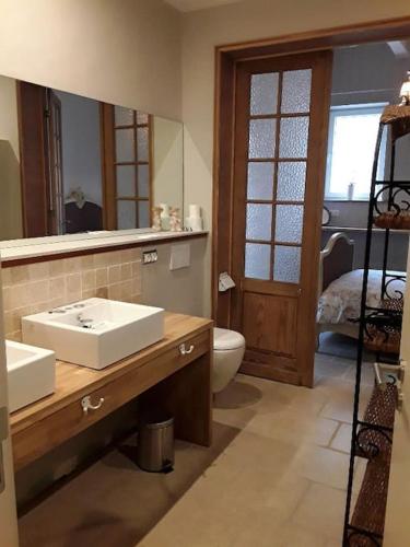 une salle de bain avec un lavabo, des toilettes et un miroir dans l'établissement Vakantiewoning Le Chêne, à Malzy