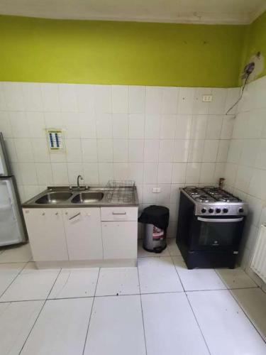 Una pequeña cocina con fregadero y estufa. en Resort Amanda, en Quillón