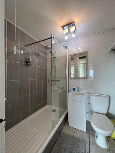 a bathroom with a shower and a toilet and a sink at Amazing view 2 bedroom in Abbey Road in London