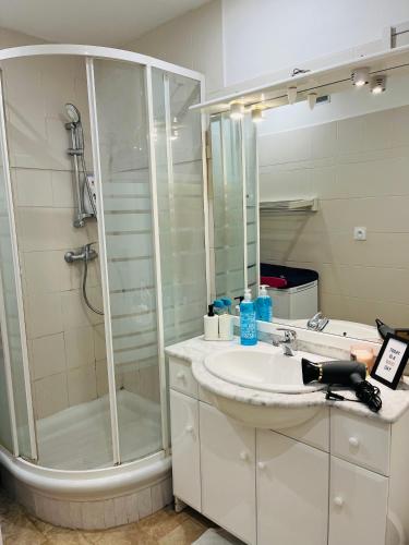 une salle de bain avec douche et lavabo dans l'établissement 3 chambres Situation idéale Aux portes de Lyon Tout confort, à Saint-Priest