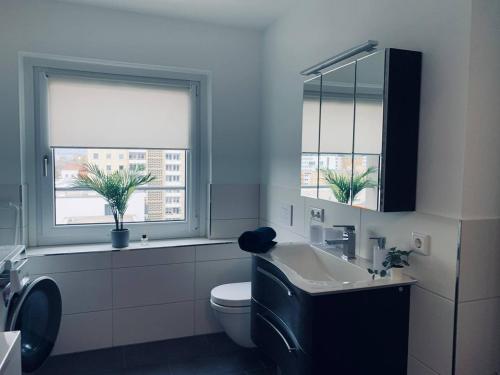 een badkamer met een wastafel en een toilet en 2 ramen bij Apartment mit Penthouse Charakter in Dresden in Dresden