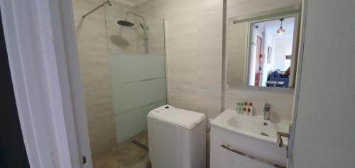 une salle de bain avec toilettes, lavabo et douche dans l'établissement Centre Cannes gd 2p terrasse parking 10mn palais plage, à Cannes