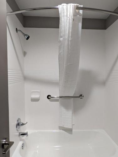 ein weißes Badezimmer mit Waschbecken und Duschvorhang in der Unterkunft OKC Hotel in Oklahoma City