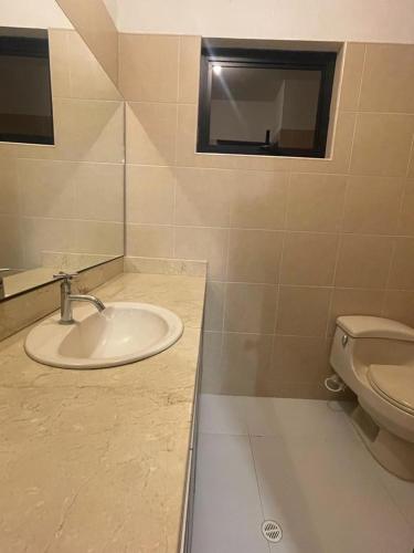 a bathroom with a sink and a toilet at Cabaña en santafe de Antioquia in Santa Fe de Antioquia