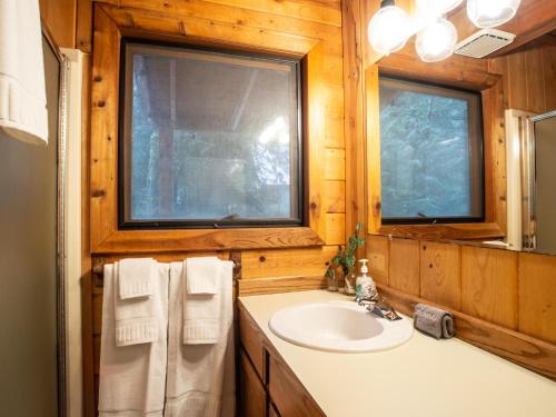 y baño con lavabo y espejo. en Creekside Cottage, en Glacier