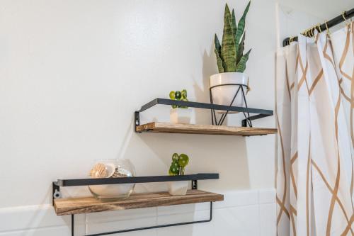 a bathroom with black shelves and a plant at Renovated 2 BD Home w/ Private Parking, Gallery & W/D in Miami