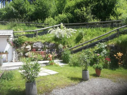 Landhaus Gschmeidler في Selzthal: حديقة بها نباتات الفخار في العشب