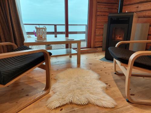 a living room with a white rug and a fireplace at Jūras Pērle in Tūja