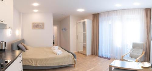 Cette chambre comprend un lit, une table et une cuisine. dans l'établissement Apartamentai Gastrolės, à Palanga