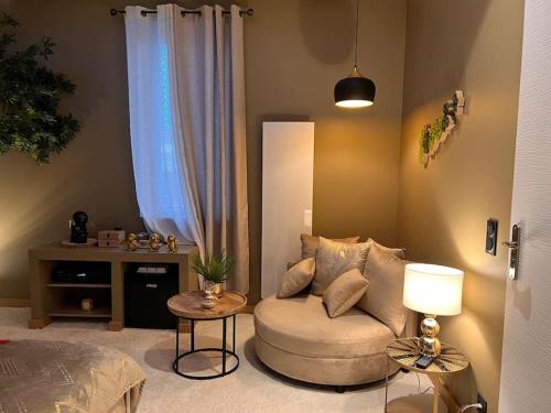 ein Wohnzimmer mit einem Sofa und einer Lampe in der Unterkunft Loving room cocooning avec jacuzzi « la terre » in Jujurieux