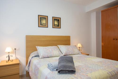 a bedroom with a bed with a blanket and two lamps at Els Ports d'Horta in Horta de San Joan
