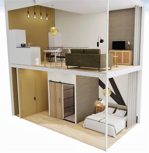 um modelo de uma sala de estar e cozinha com uma sala de estar e uma sala de estar em Residentie d'Ouwe Kercke em Terneuzen