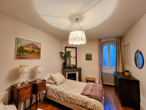 a bedroom with a bed and a fireplace and a window at Apartment Bonnard - best view in Dijon in Dijon