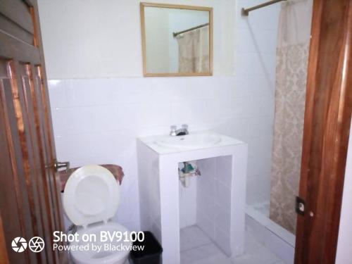 a bathroom with a sink and a toilet and a mirror at Casa del Campo in Tela