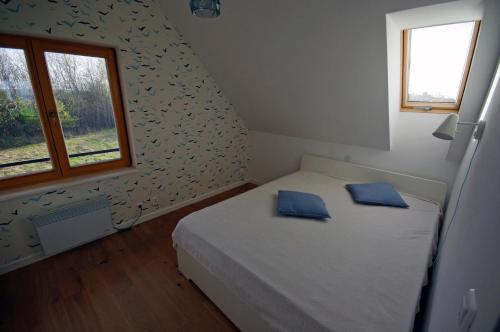 1 dormitorio con 1 cama con 2 almohadas azules en Błękitny domek, en Darłowo