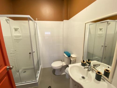 a bathroom with a shower and a sink and a toilet at Habitaciones Mar Azul in El Quisco