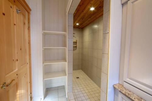 a bathroom with a walk in shower next to a walk in shower at Chalet White Wolf SPA at Fiddler's Lake in Mille-Isles