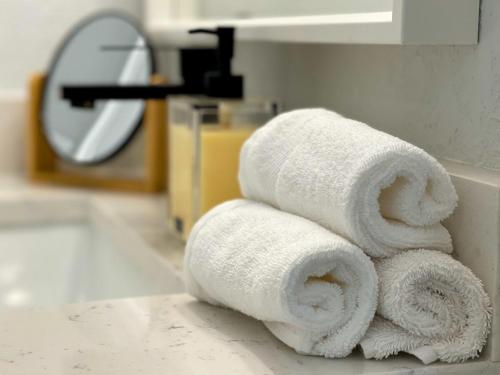 una pila de toallas en un mostrador en el baño en Tranquil & Fully Renoveted Home Near Busch Gardens en Tampa