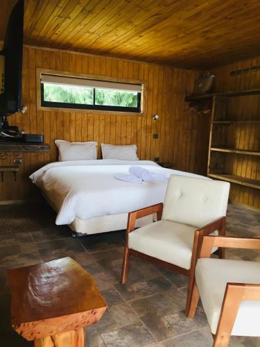 a bedroom with a bed and a couch and a chair at Cabañas Rimü - Cabaña para 2 personas in Futrono
