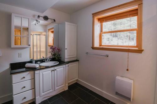 a bathroom with a sink and a window at Chalet Blue Jay Spa at Fiddler's Lake in Mille-Isles