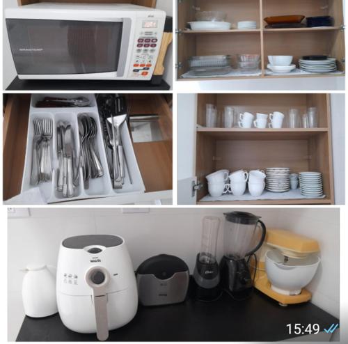 a collage of photos of a kitchen with a microwave and appliances at Apartamento pé na areia in Guarujá