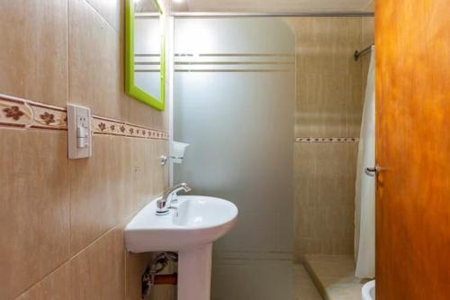 ein Badezimmer mit einem weißen Waschbecken und einer Dusche in der Unterkunft Sol Mendocino in Mendoza