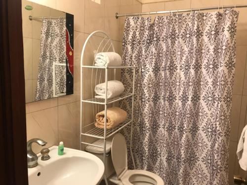 a bathroom with a toilet and a shower curtain at Chateau Margarita JA in Montego Bay