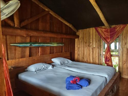 a bed in a wooden room with two blue pillows at Barba Negra Adventure House in Sierpe