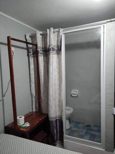 a bathroom with a shower curtain and a toilet at Cardo's Front Beach Room in General Luna