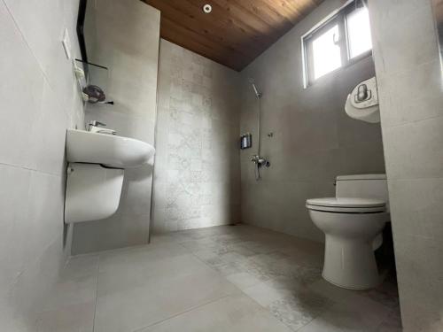 een badkamer met een toilet, een wastafel en een raam bij Wutong Homestay in Huxi