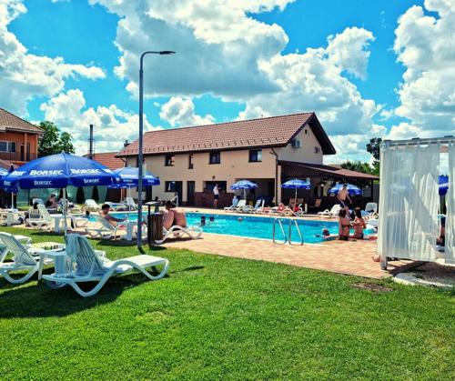 a group of people sitting around a swimming pool at Cusali Pensiune in Topolovăţu Mare