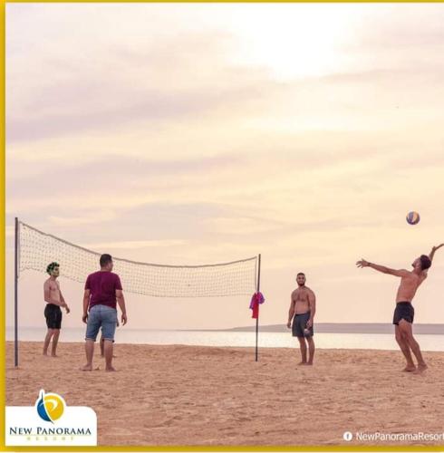 a group of men playing volleyball on the beach at New Panorama Resort in Fayoum Center