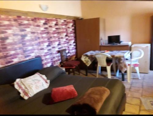 a living room with a couch and a table with a dog at Chalet Vista Lago in San Gregorio