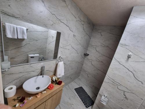 a bathroom with a sink and a mirror at צימר נתיב המעיין in Ein Kinya