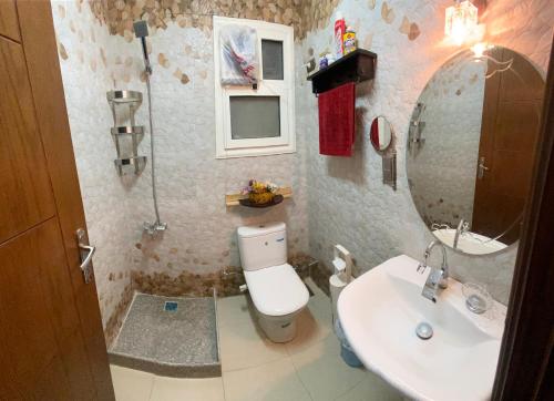 Your Home in Madinaty في Madīnat ash Shurūq: حمام مع حوض ومرحاض ومرآة
