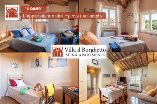 a collage of three pictures of a room at Villa il Borghetto in Siena