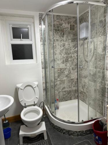 a bathroom with a shower with a toilet and a sink at City Lodge Shadwell in London