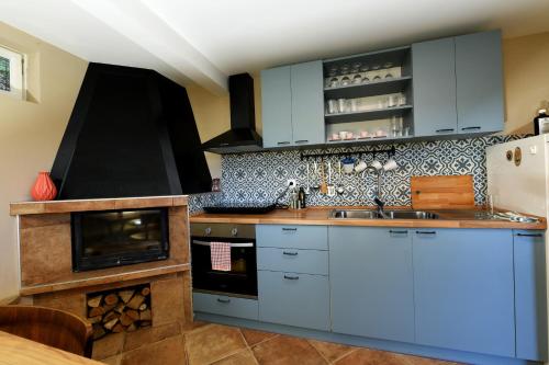 a kitchen with blue cabinets and a stove at Apartmani Zagi in Rakovica