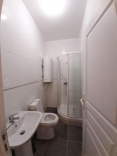 une salle de bain avec un lavabo, des toilettes et une douche dans l'établissement Résidence du Houx - 3 - Astérix, Aéroport CDG, à Survilliers