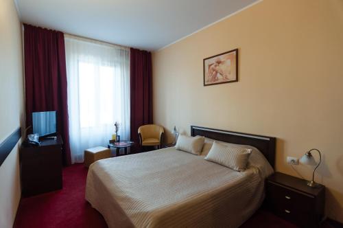 a hotel room with a bed and a window at Hotel Magnus Galati in Galaţi