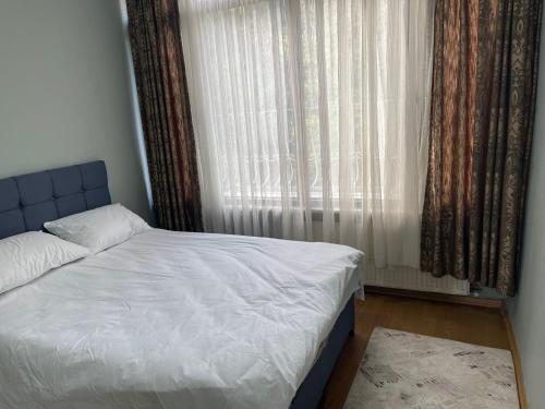 圖茲拉的住宿－Tuzla wiapor marina，一间卧室配有床和带窗帘的窗户