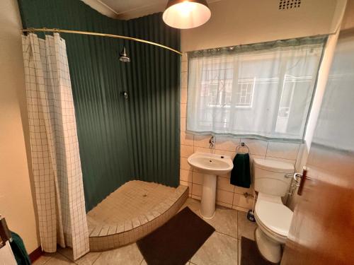 a bathroom with a shower and a toilet and a sink at Firefly Budget Friendly Guest House in Kempton Park