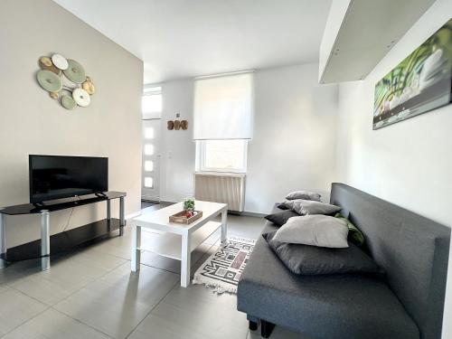 a living room with a couch and a tv at Albert 20 Brussels-charleroi-airport in Charleroi