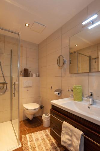a bathroom with a sink and a toilet and a shower at Apart Harmonie in Kappl