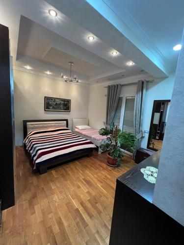 a bedroom with a bed and a wooden floor at Luxury Rooftop Apartament in Fier