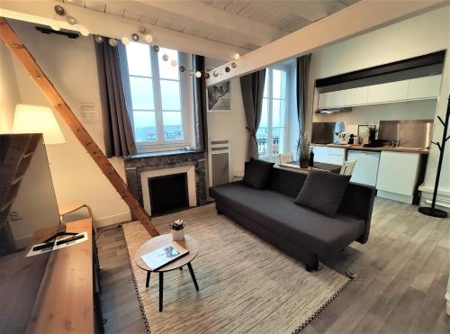 sala de estar con sofá y chimenea en Studio cosy, hyper centre d'Aix, vue montagnes, proche thermes, en Aix-les-Bains