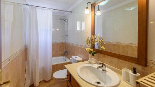 Un baño con lavabo, inodoro y espejo. en Elsa Torrox by Ruralidays, en Torrox