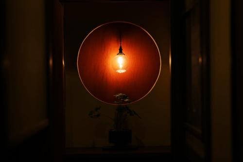 a light in a room with a vase and a lamp at Ichidaya in Toyooka