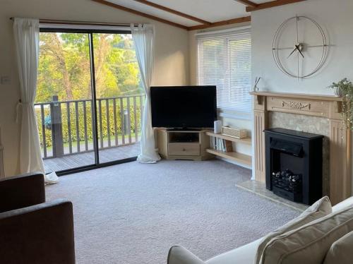a living room with a television and a fireplace at Valley View Lodge in Welshpool