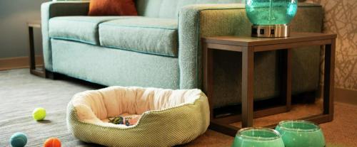 a living room with a couch and a dog bed and a table at Home2 Suites By Hilton Hobbs in Hobbs